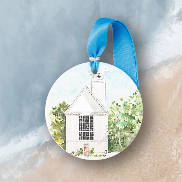 Seaside Chapel 30-A, Personalized ceramic Christmas ornament in gift box,  personal Thank You gift, art print holiday ornament local artist