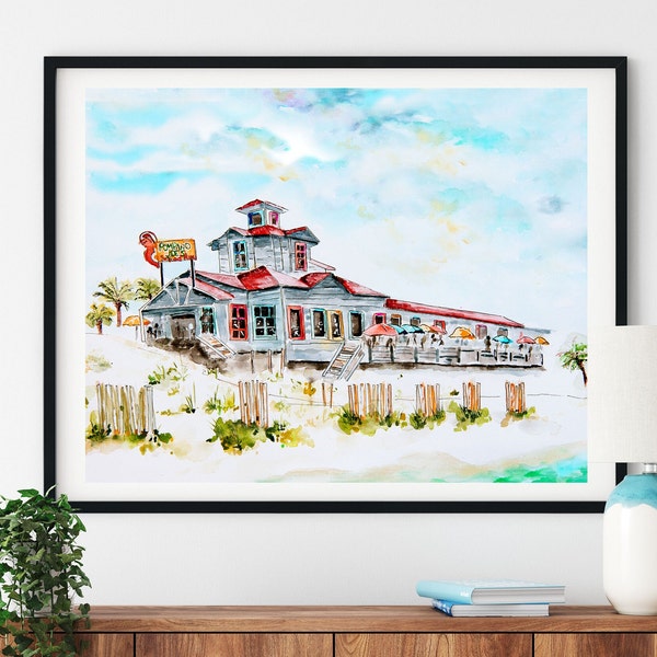 Watercolor beach art print of Pompano Joe's Restaurant Destin Florida, local artist coastal art print from my original hand painted  art