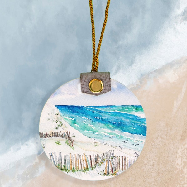 Beach and dune Watercolor personalized Holiday ornament Panama City Beach Florida,  Local artist's watercolor ,wood with brass and leather.