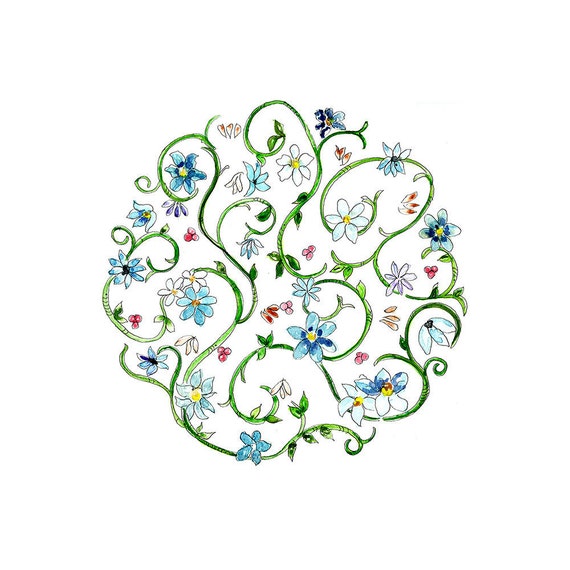 small floral print pattern wall art, original zentangle wall art print, simple pattern watercolor artwork, blue floral wall decor, blue art