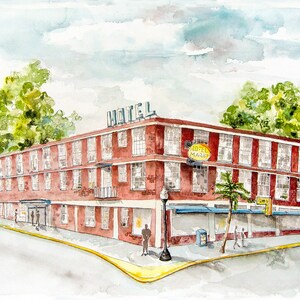May include: Watercolor painting of a two-story brick hotel on a street corner. The hotel has a sign that says "HOTEL" on the roof and "HOTEL MARU" on a yellow sign. Palm trees and green foliage are visible.