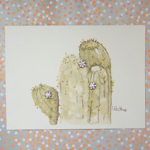 Southwest home decor, Original watercolor wall art, Affordable gift, Sage green Barrel Cactus painting with vintage rhinestone buttons image 3