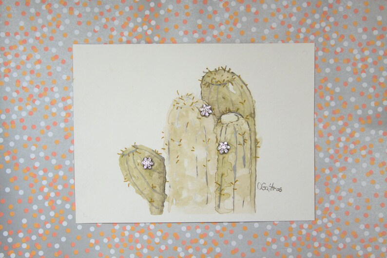 Southwest home decor, Original watercolor wall art, Affordable gift, Sage green Barrel Cactus painting with vintage rhinestone buttons image 3