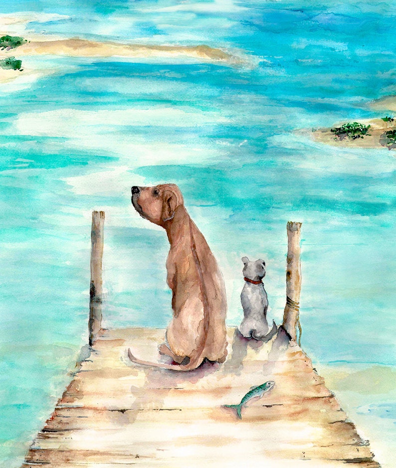 Watercolor Beach Wall Art Print Dogs on Dock Seaside Beach Etsy