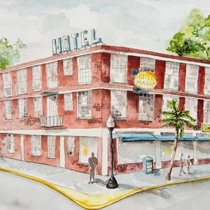 May include: Watercolor painting of a two-story brick hotel on a corner lot. The hotel has many windows and a sign that reads "HOTEL" on the roof. A sign that reads "HOTEL MARIE" is on the corner. A palm tree is visible.