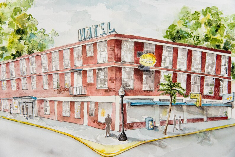 May include: Watercolor painting of a two-story brick hotel on a corner lot. The hotel has many windows and a sign that reads "HOTEL" on the roof. A sign that reads "HOTEL MARIE" is on the corner. A palm tree is visible.