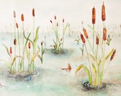 Framed Nature wall art, beach scene, lake painting, pond, framed art original watercolor painting, Gift for him, framed Office wall art