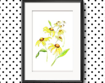 Daisies watercolor art print from original artwork, nature art, floral wall art, bright yellow contemporary floral wall art, gift ideas