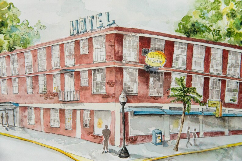 May include: Watercolor painting of a red brick hotel on a corner lot. The hotel has multiple windows and a sign that reads "HOTEL" on the roof. A sign that reads "HOTEL MARIA" hangs from the corner. A palm tree and street lamp are in front.