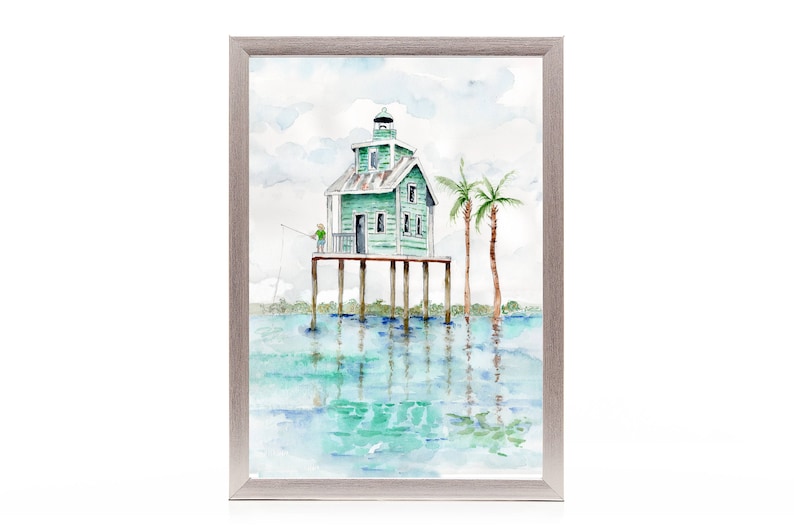 Rustic Beach House Watercolor Painting, Coastal House Decor, Lake, Pond