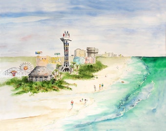 Panama City Beach watercolor artwork, miracle strip parkway,  coastal watercolor print, Bay county Florida local artist watercolor art print