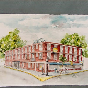 May include: Watercolor painting of a brick hotel with a sign that reads "HOTEL". The hotel has multiple windows and a sign that reads "Hotel Malibu". The artwork is set against a cloudy sky and green trees.