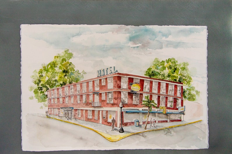 May include: Watercolor painting of a brick hotel with a sign that reads "HOTEL". The hotel has multiple windows and a sign that reads "Hotel Malibu". The artwork is set against a cloudy sky and green trees.