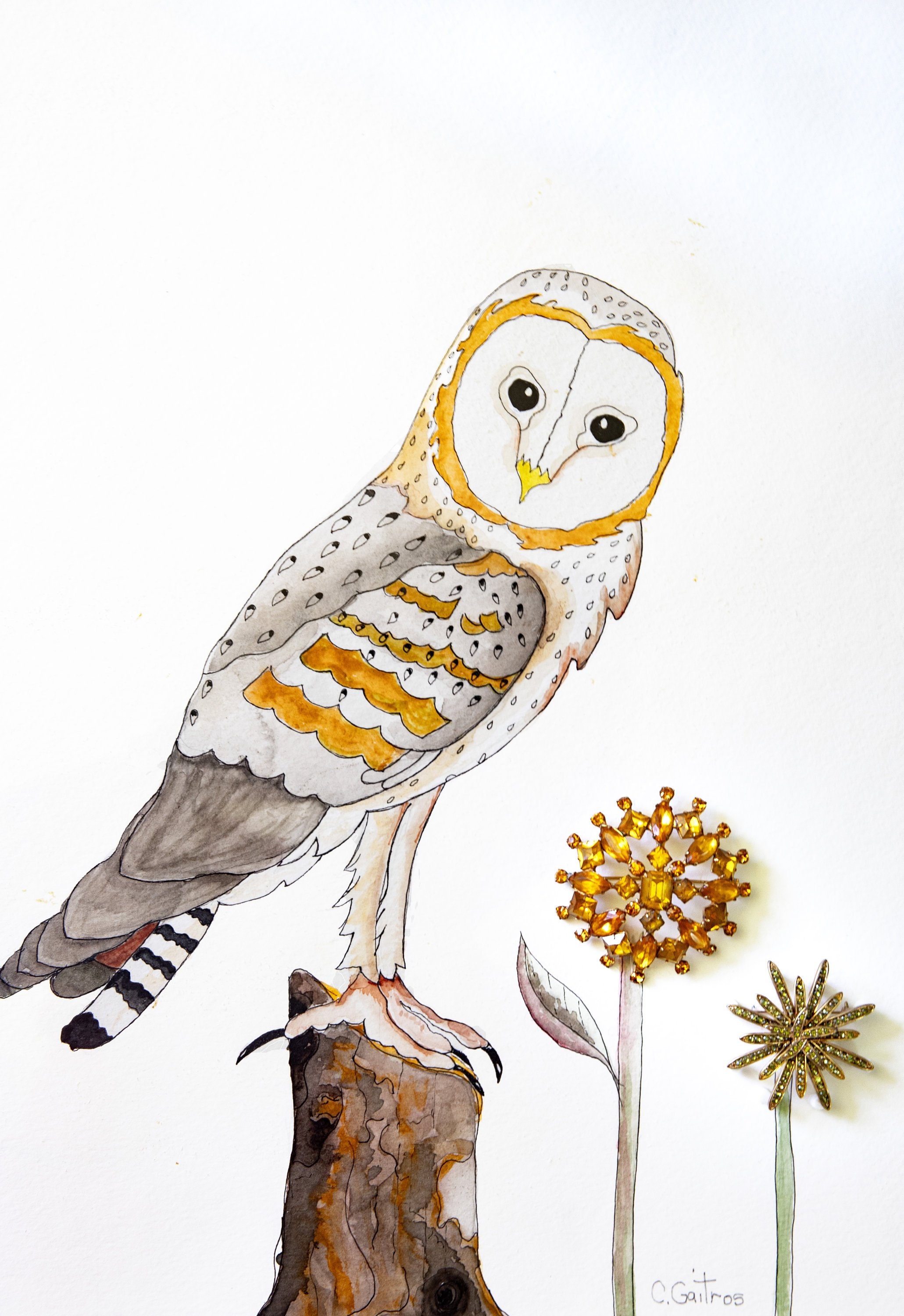 Framed Watercolor Barn Owl Painting: Vintage Brooches, Farmhouse Wall Art