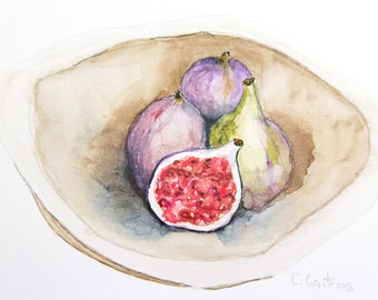 Original  watercolor fig bowl, simple watercolor art, hand painted figs, original painting, cottage art, kitchen wall art, housewarming gift