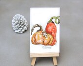 Pumpkin watercolor and easel, reclaimed vintage jewelry, rustic decor, still life tabletop decor, autumn decor, affordable gift under 20