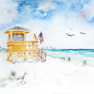 Siesta Key Beach Watercolor Print: Florida Lifeguard Stand Art