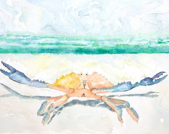 watercolor crab art print, Florida beach crab painting, coastal beach artwork, panama city beach watercolor print