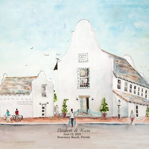 Rosemary Beach Town Hall Wedding, Personalized Watercolor Wedding Art