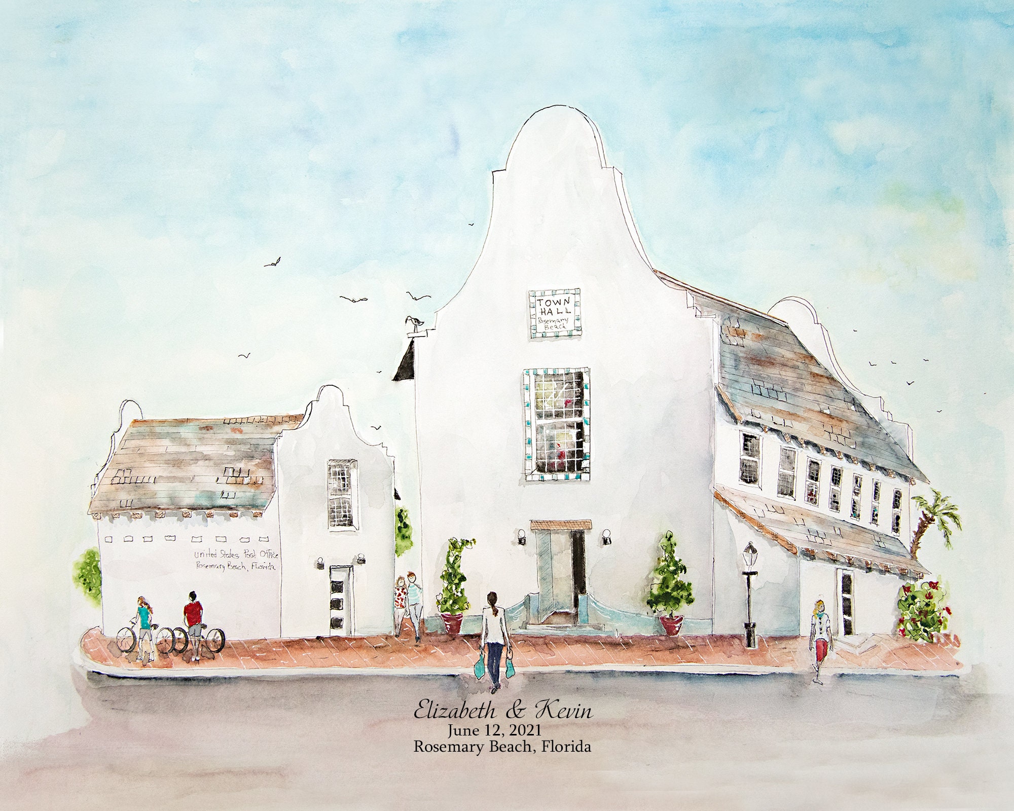 Rosemary Beach Town Hall Wedding Personalized Watercolor Etsy UK