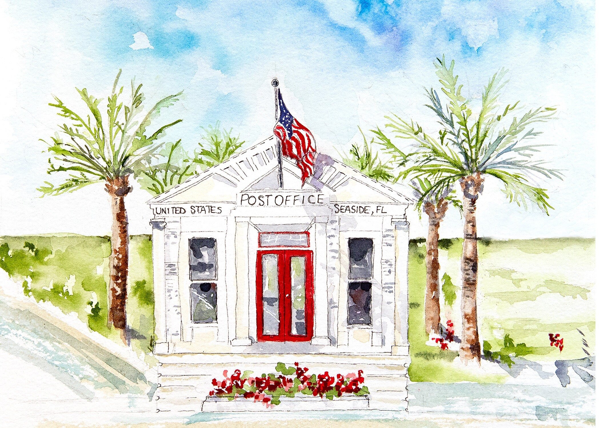 Seaside Post Office Watercolor Art Print: 30-A Florida Beach House