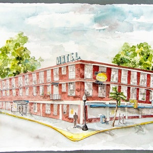 May include: Watercolor painting of a red brick hotel on a corner lot. The hotel has multiple windows, a sign that says "HOTEL" on the roof, and a sign that says "HOTEL MARKET". Green trees and a cloudy sky are in the background.