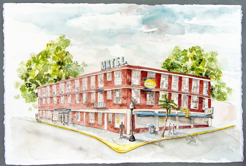 May include: Watercolor painting of a red brick hotel on a corner lot. The hotel has multiple windows, a sign that says "HOTEL" on the roof, and a sign that says "HOTEL MARKET". Green trees and a cloudy sky are in the background.