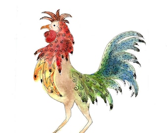 May include: A watercolor painting of a rooster with a red, yellow, and green patterned body and a blue tail. The rooster is standing on a white background.
