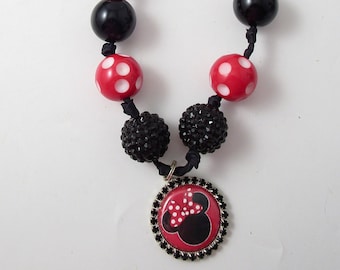 Disney Minnie Mouse Necklace Red Black Beads Polka Dots & Stripes Crimped Ribbon Necklace