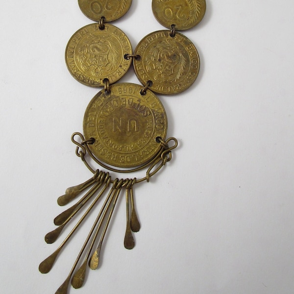 Vintage Peruvian Brass Coins Necklace Bohemian Boho South American Style  Leather Cording (H)
