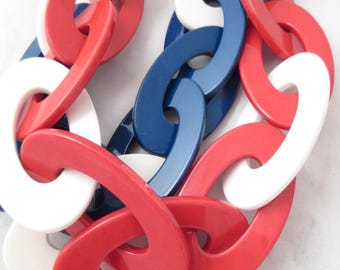Vintage Large Flat Loops Plastic Necklace: Red White Blue Statement Jewelry