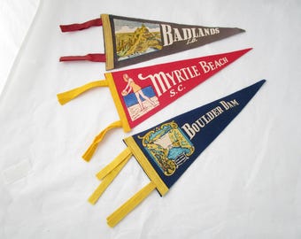 Vintage Felt Souvenir Pennants: Myrtle Beach Boulder Dam Badlands SD