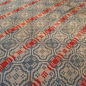 May include: Close-up of a woven textile with a repeating pattern. The design features a light blue and off-white background with red diagonal stripes. The pattern includes geometric shapes and a textured appearance.