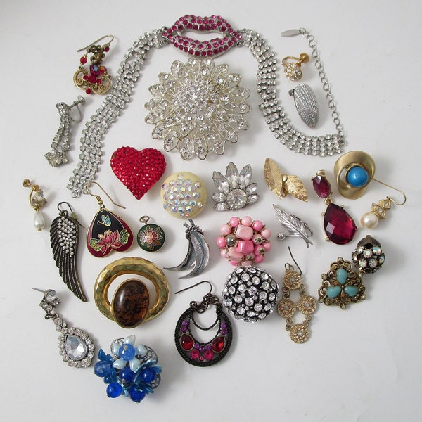 Vintage Junk Drawer Jewelry Lot Rhinestone Bling Earrings Necklace Brooch Pin Parts Upcycle Repurpose Assemblage Holiday Crafting