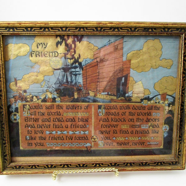 Art Deco BUZZA Motto Framed Hand Gilted My Friend Sailing Picture Asian Influence J P McEvoy Print Gold Painted Wooden Frame w Glass