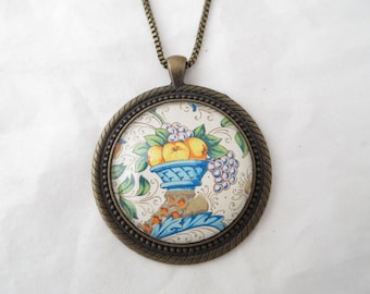 Florentine Paper Glass Covered Pendant Necklace Antique Brass