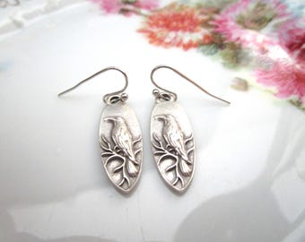 Pair Embossed Silver Raven Bird on Branch Metal Pierced Earrings