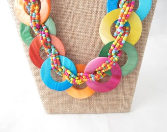 Dyed Mother of Pearl Rings and Beaded Necklace: Boho Style Colorful Statement Jewelry