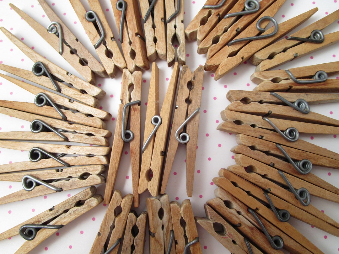 8 Rustic Antique Wooden Clothespins Metal Springs Wood Laundry Room ...