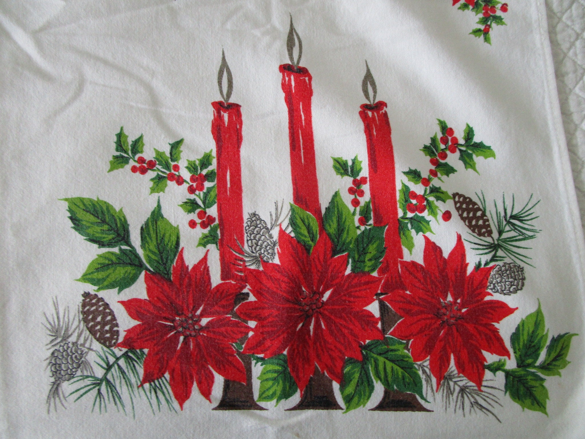 Vintage Christmas Tablecloth Candles Pinecones Poinsettias - Etsy Vintage Christmas Tablecloth Candles Pinecones Poinsettias - Etsy