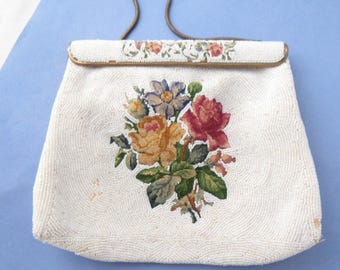 Vintage French Beaded Evening Bag Clutch Micro Beads Floral Embroidery Made for C & M Caron
