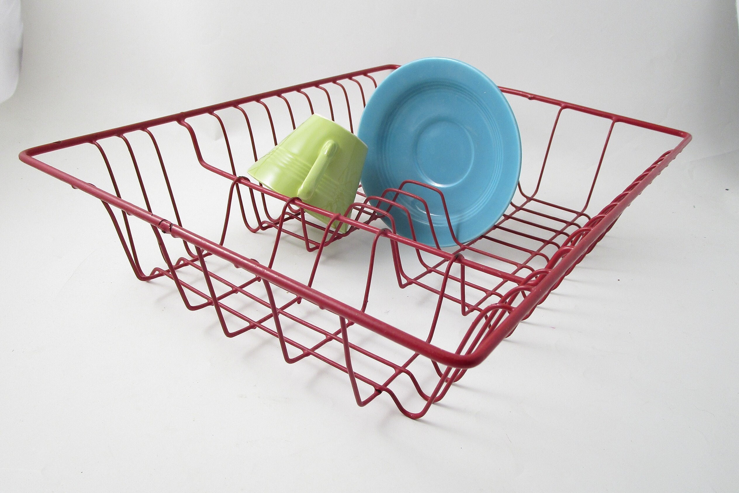 Vintage pastel green plastic coated metal dish drainer, dish drying rack,  retro kitchen storage design -  Nederland