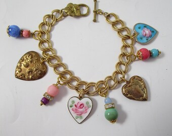 Vintage Brass Heart Charm Bracelet: Guilloche, Glass Beads, Floral Clasp