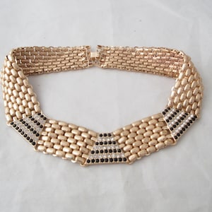 Fancy Gold Collar Necklace with Triangular Settings of Clear and Black Rhinestones