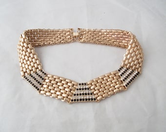 Fancy Gold Collar Necklace with Triangular Settings of Clear and Black Rhinestones
