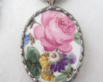 Broken China Pendant Necklace Rose and Other Florals Oval Silver Tray and Chain