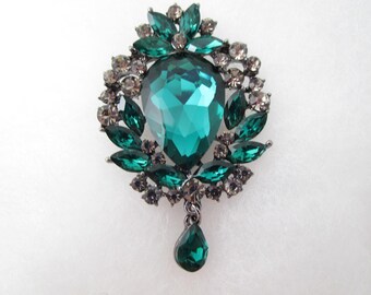 Sparkling Green and Gray Rhinestones Pin Broach Brooch: 2 1/2" Long