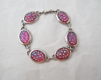 Druzy Bracelet Red Aurora Borealis Faceted Oval Cabochons Linked