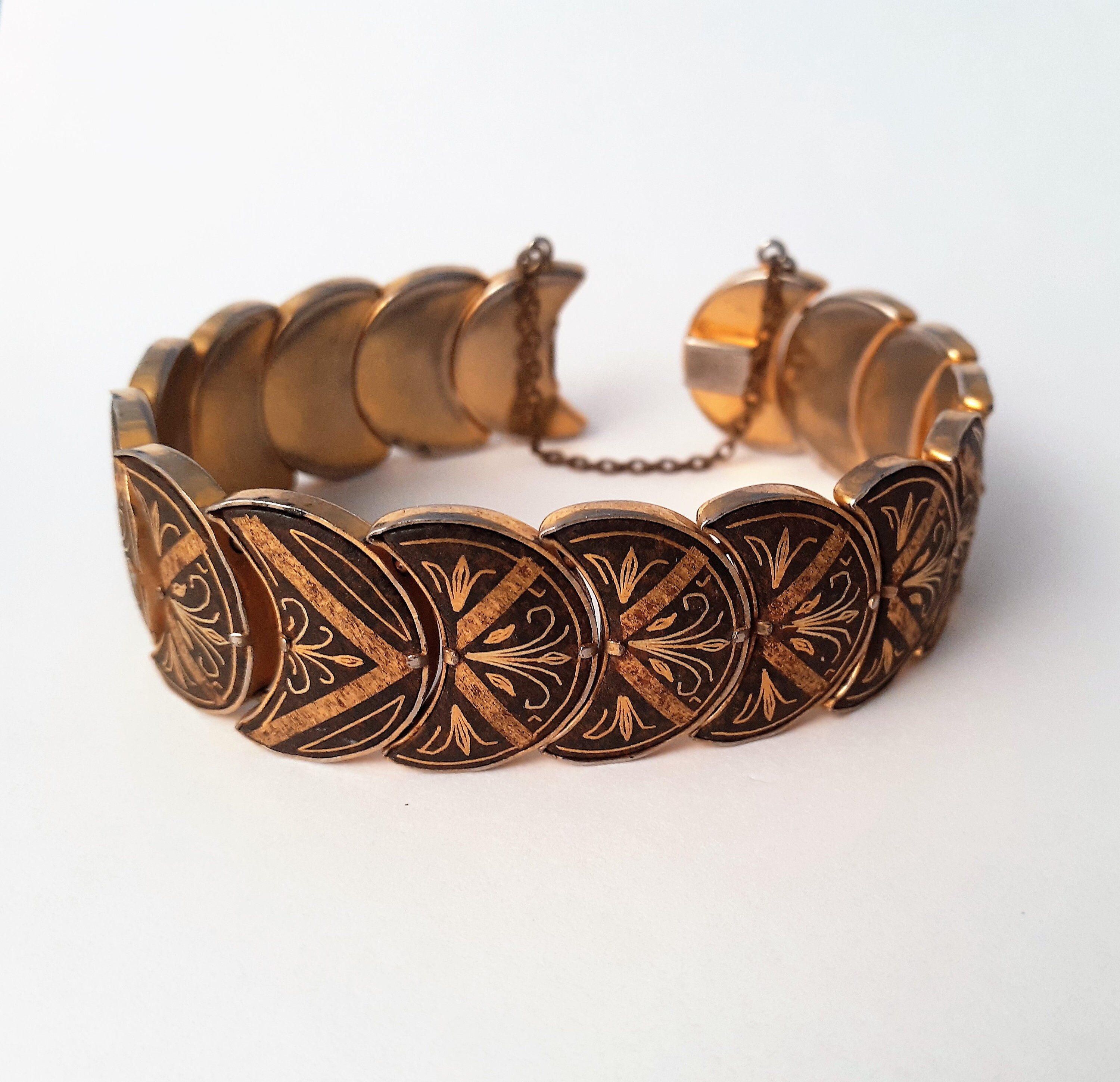Vintage Spain Damascene Etched Black Gold Linked Bracelet | Etsy