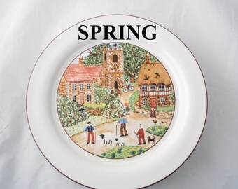 Platos llanos Lenox Chinastone, diseño de escenas de pueblo para primavera, verano e invierno, 27,3 cm de ancho, sin usar.